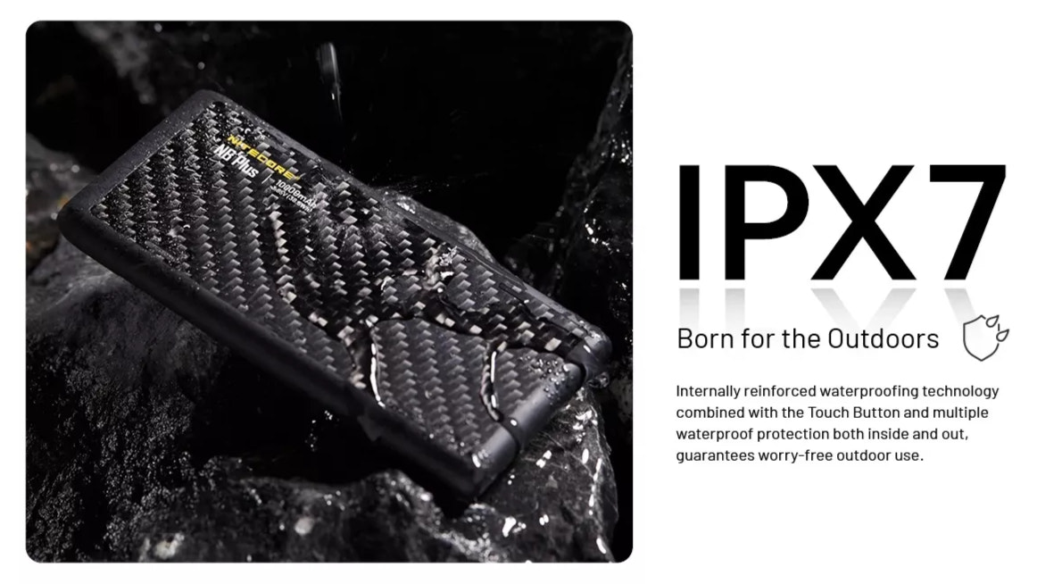 power bank with waterproof feature IPX7 on a black and white background