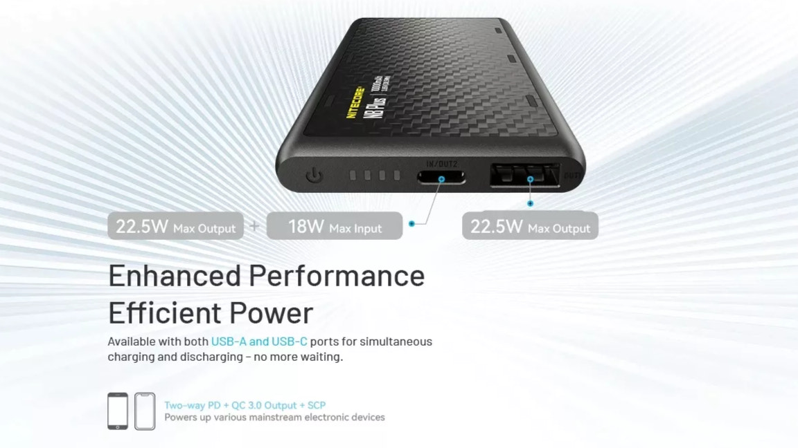 Power bank device with specifications on a white background