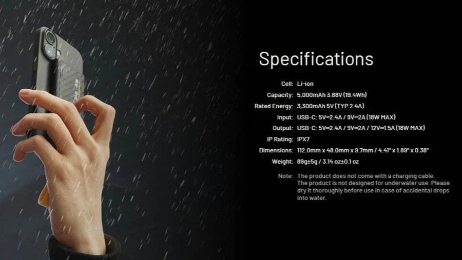 Hand holding a phone case with specifications on a dark background