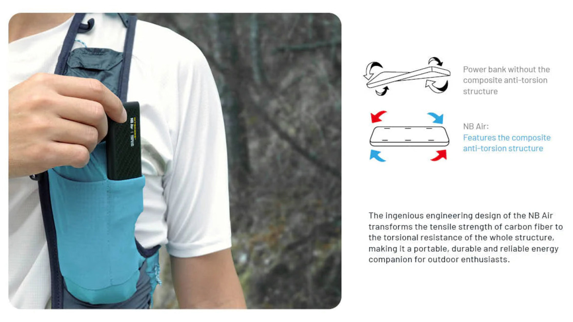 Person holding a power bank with text and graphics about its design and features.