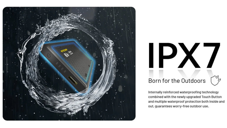 Waterproof device with IPX7 rating surrounded by water droplets on a dark background.