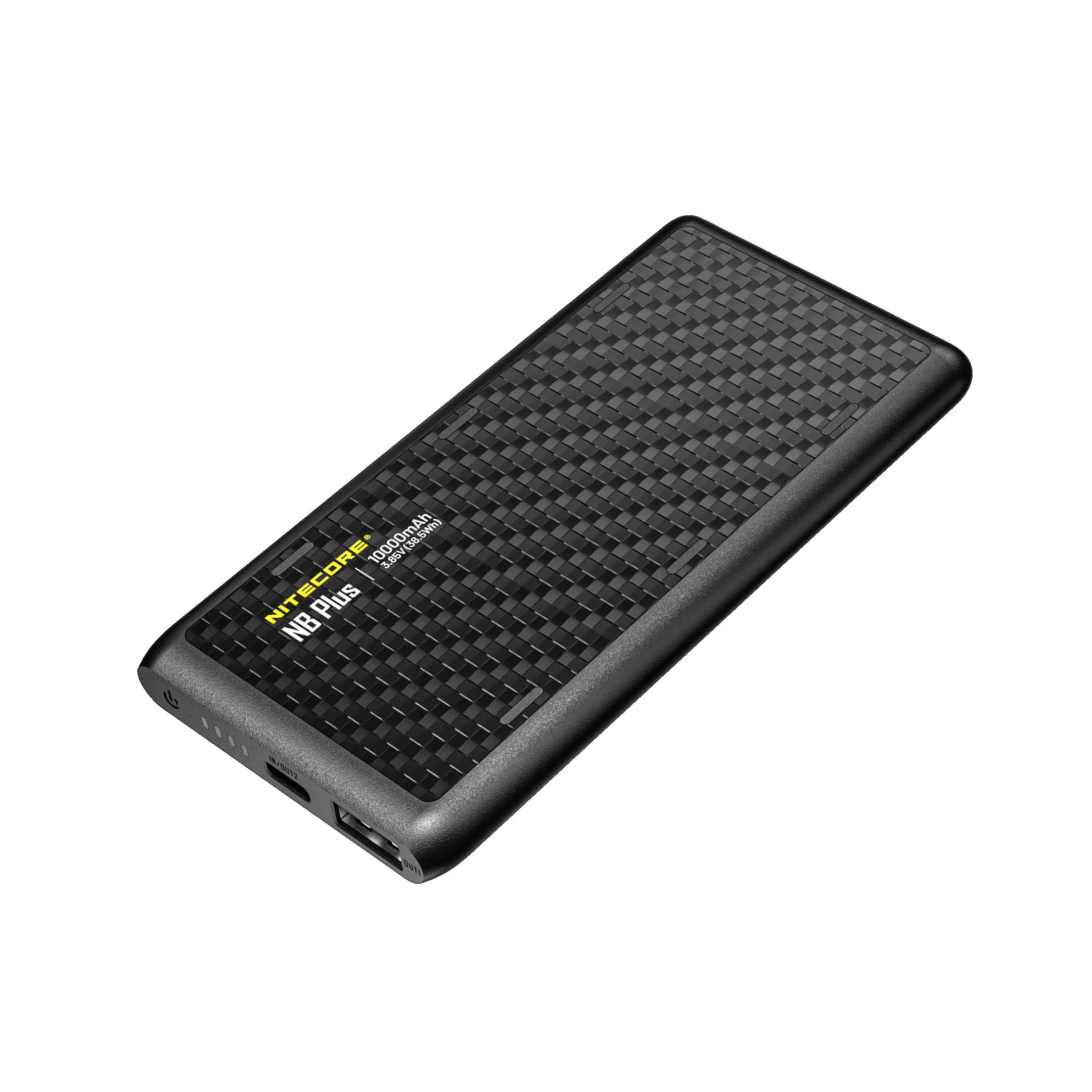 Black power bank with textured surface on a white background