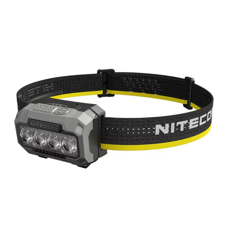 Nitecore headlamp with black and yellow strap on a white background
