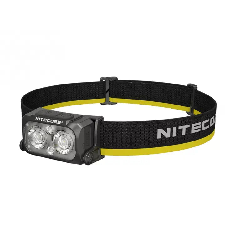 Nitecore headlamp with black and yellow strap on a white background